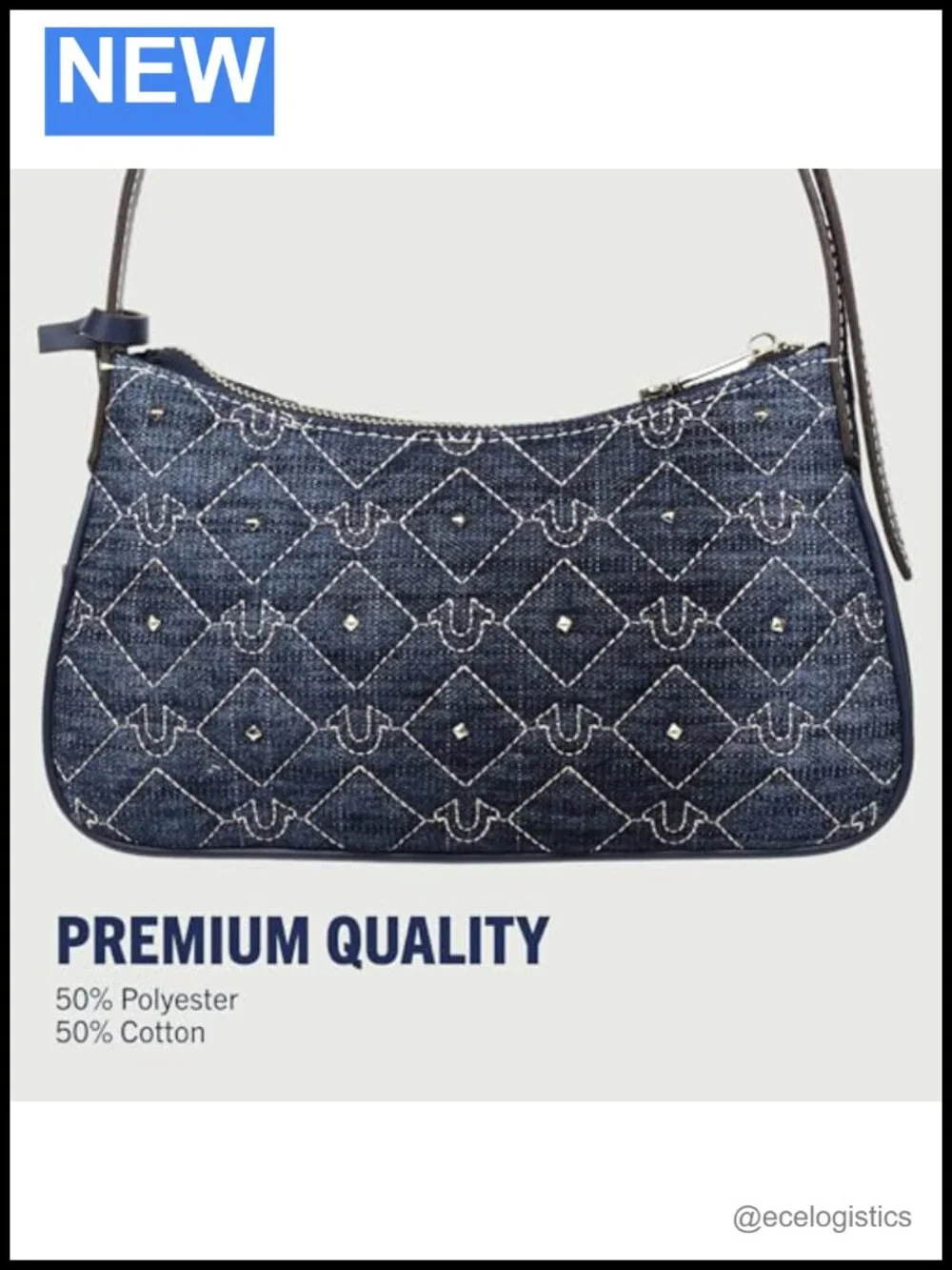 Quilted Denim Studded Shoulder Bag with Adjustable Strap & Gold Hardware